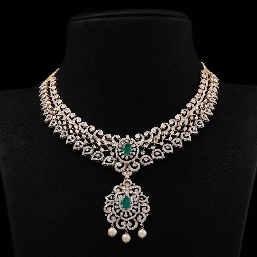 Bridal diamond necklace with emerald drop by a diamond jewellery manufacturer